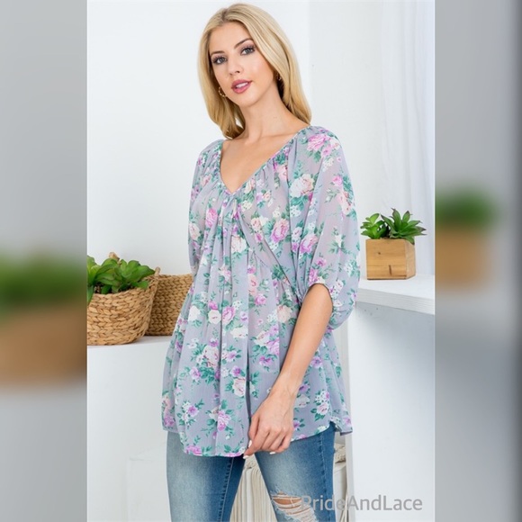 GRAY FLORAL PRINT TOP - Picture 2 of 6